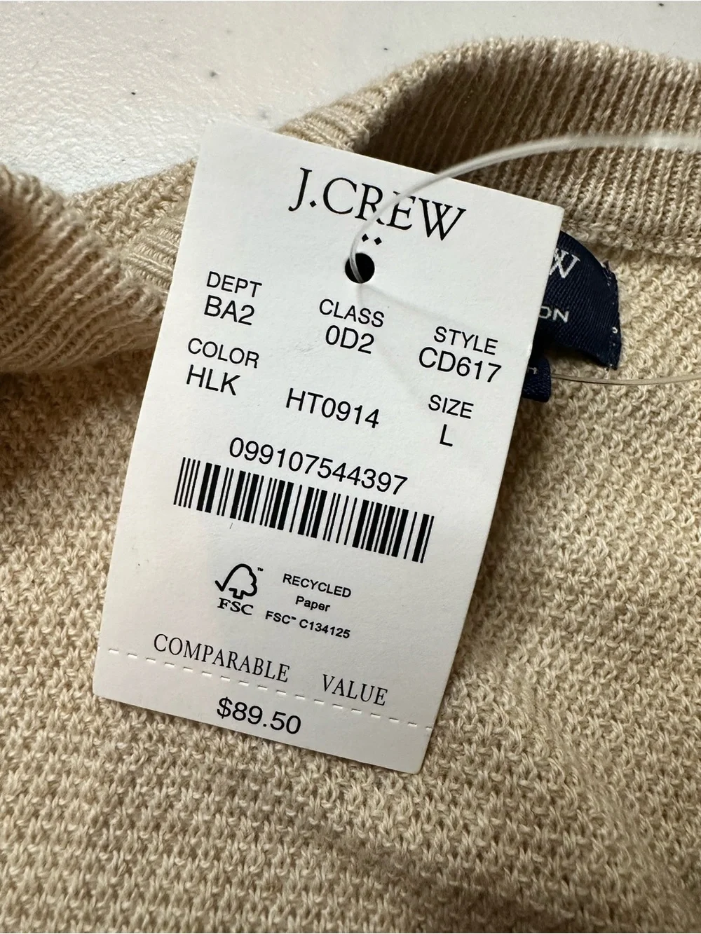 NWT J. Crew Lightweight Cream Tan Crew Neck Sweater - Size Large